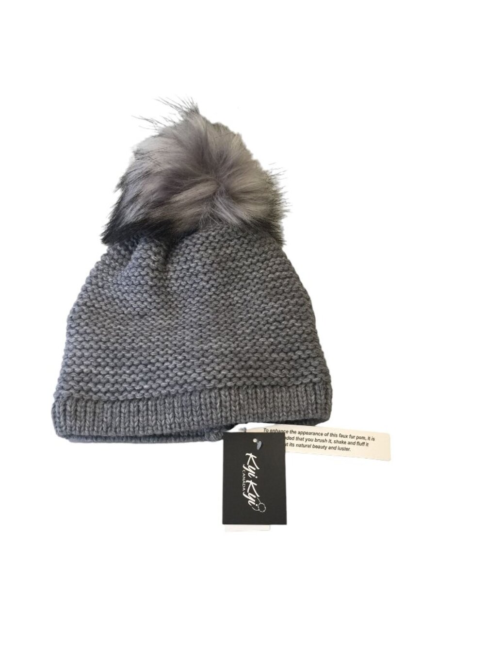 KYI KYI Canada Charcoal Knit Fleece Lined Hat with Tie Back Pom Pom OSFM